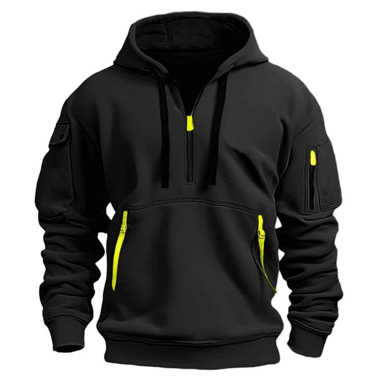 Men's black hooded sweatshirt with neon zipper pockets, stylish and comfortable pullover for casual wear.