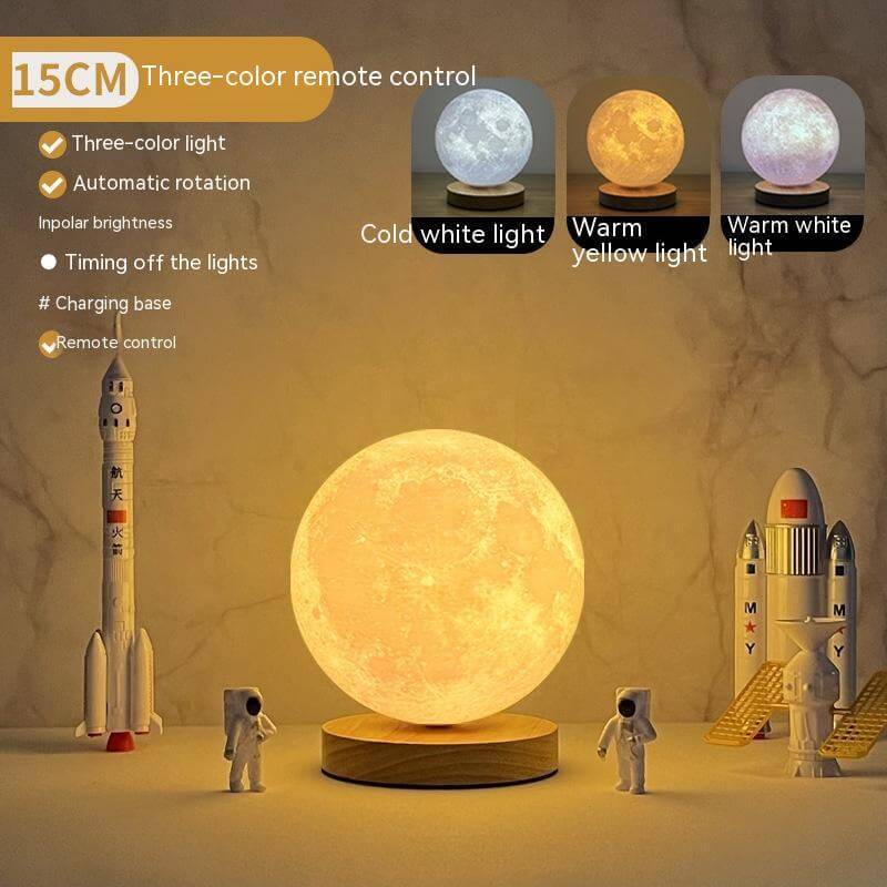 Creative 3D magnetic floating moon lamp with three-color remote control, showcasing warm and cold light options.