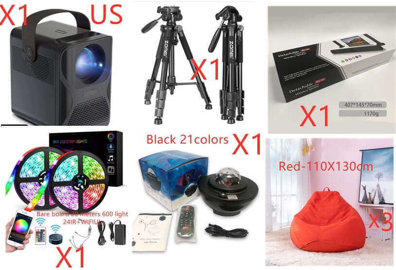 Collection of multimedia equipment including a projector, tripods, LED lights, and a red bean bag chair.