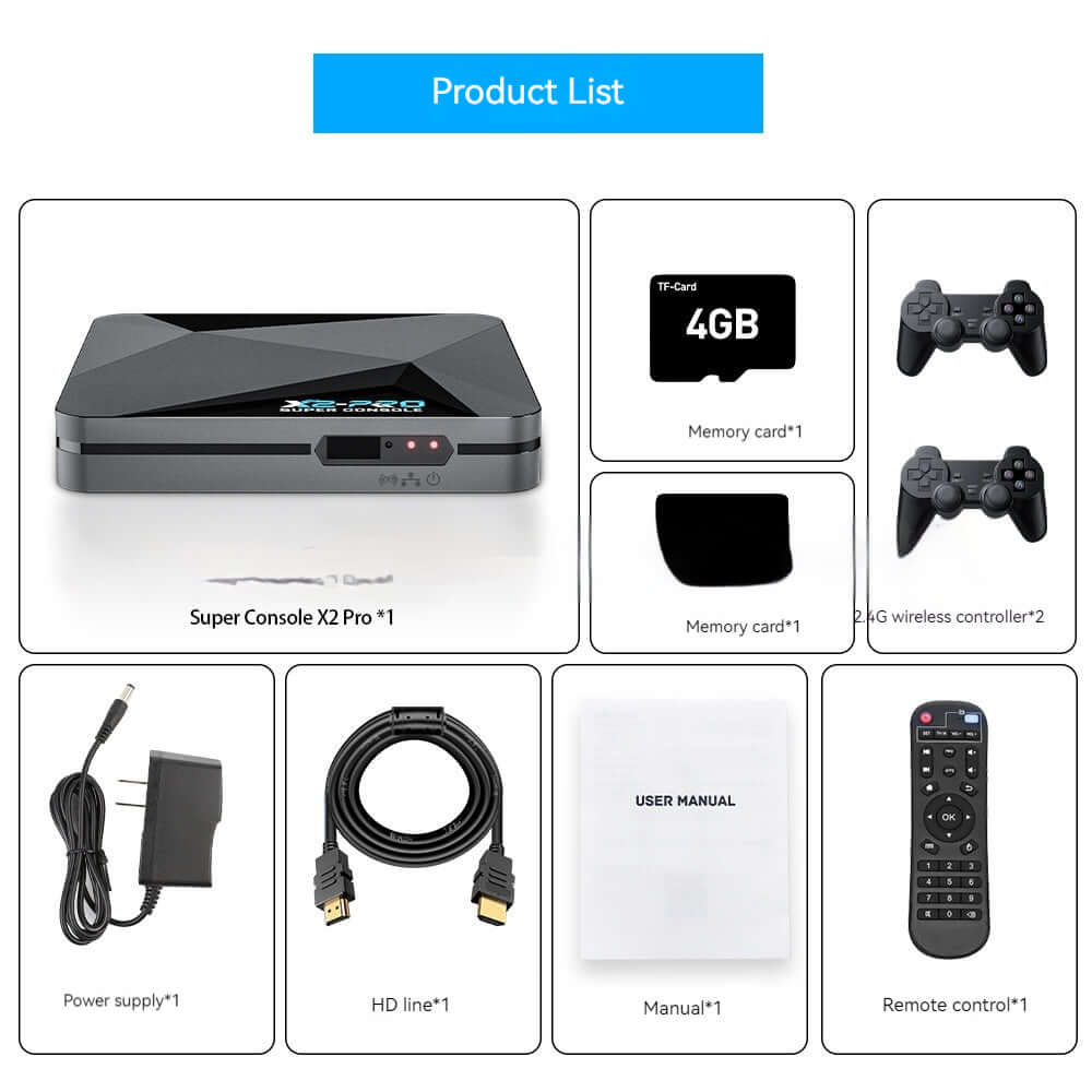 Product list for Super Console X2 Pro, including gaming console, accessories, and user manual.