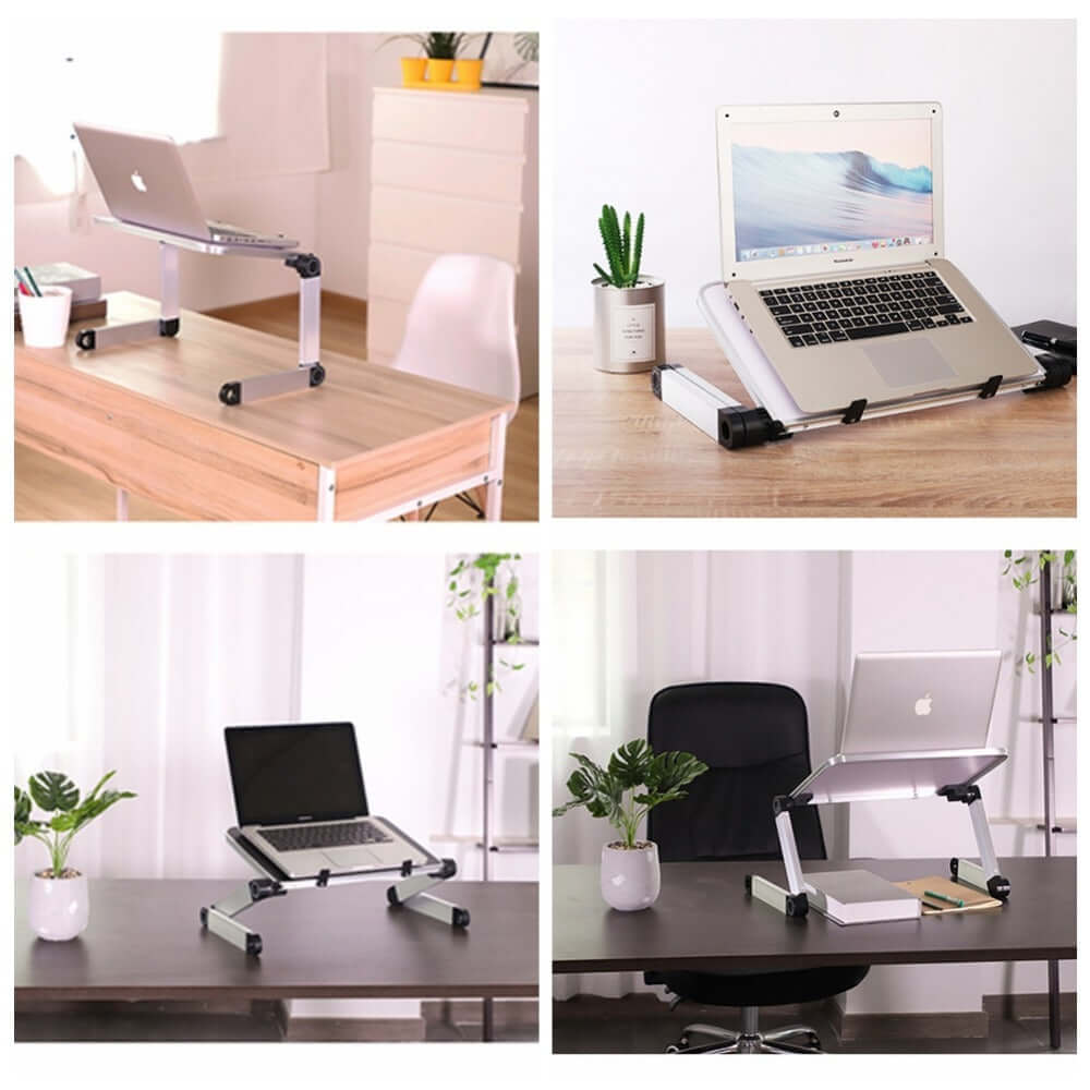 Foldable laptop stand showcasing ergonomic design, adjustable height, and multiple usage scenarios on various desks.