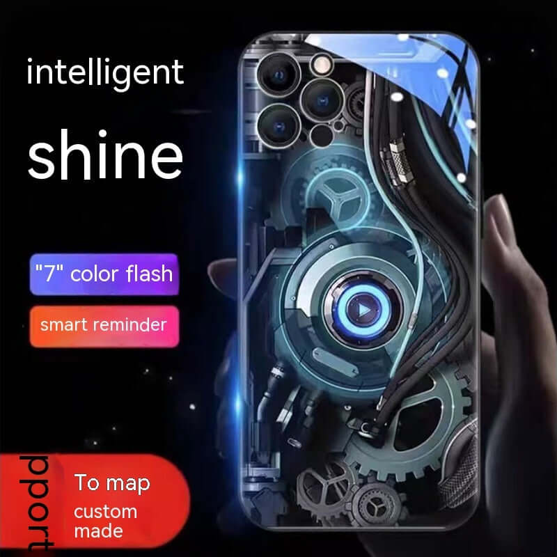 Colorful intelligent phone case with mechanical gears and shine effect, designed for Apple smartphones. Anti-fingerprint glass material.