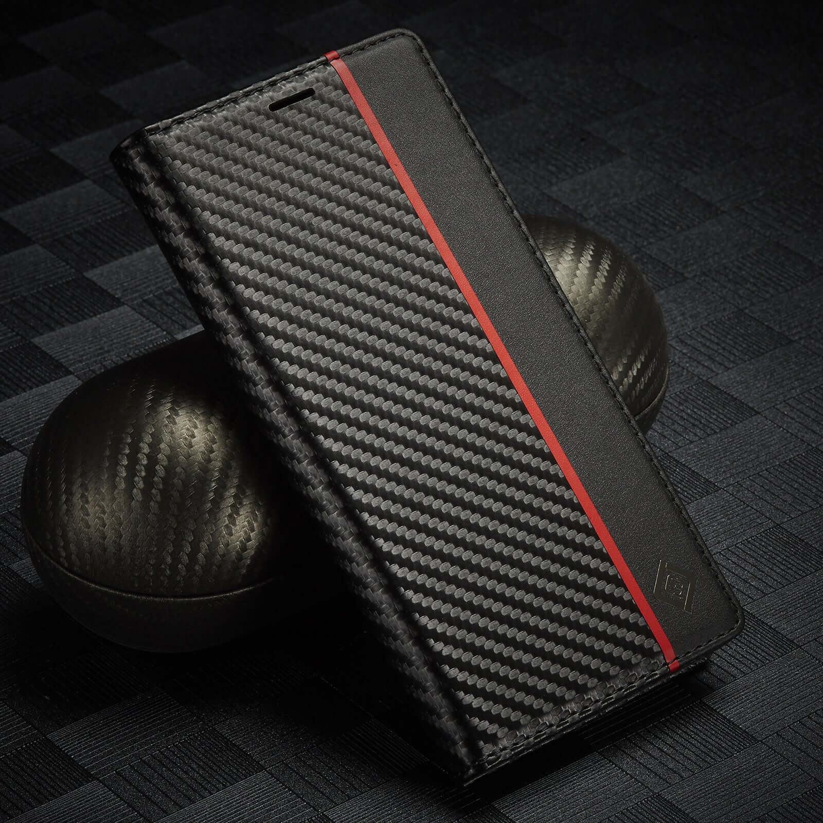 Leather case with carbon fiber design and red accent, showcasing a trendy flip style for phone protection.