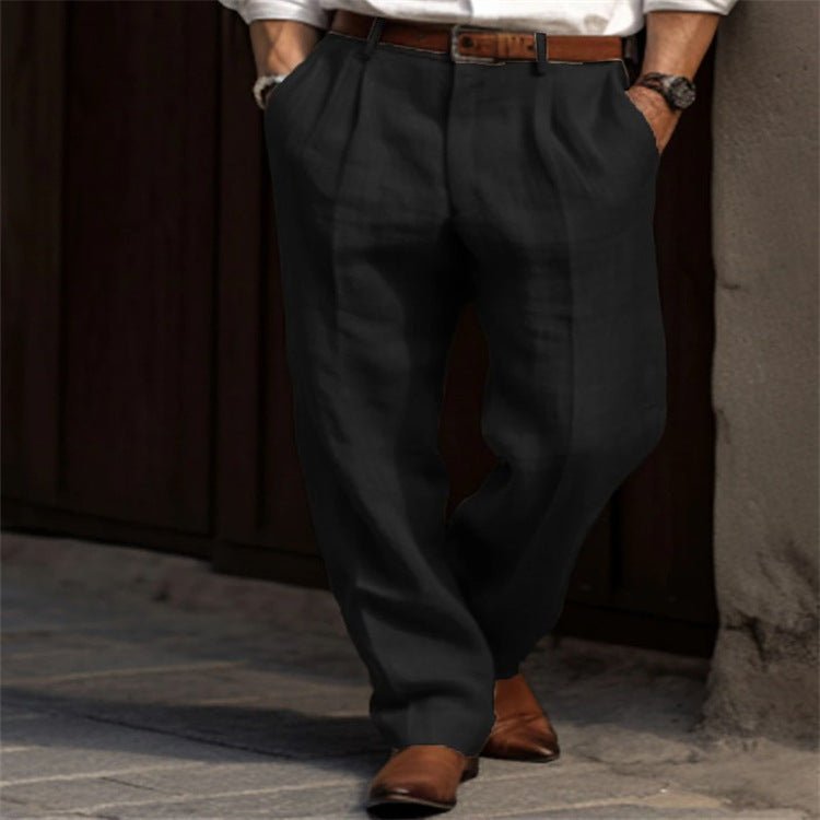 Men's Linen Trousers Double Pleated Front Pocket Straight Pure Color Comfort Breathable Casual - DBMP Shop
