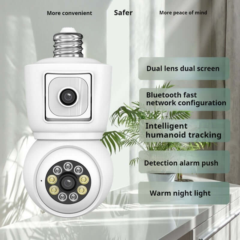 Mobile phone remote camera with dual lens, Bluetooth configuration, humanoid tracking, and warm night light feature.