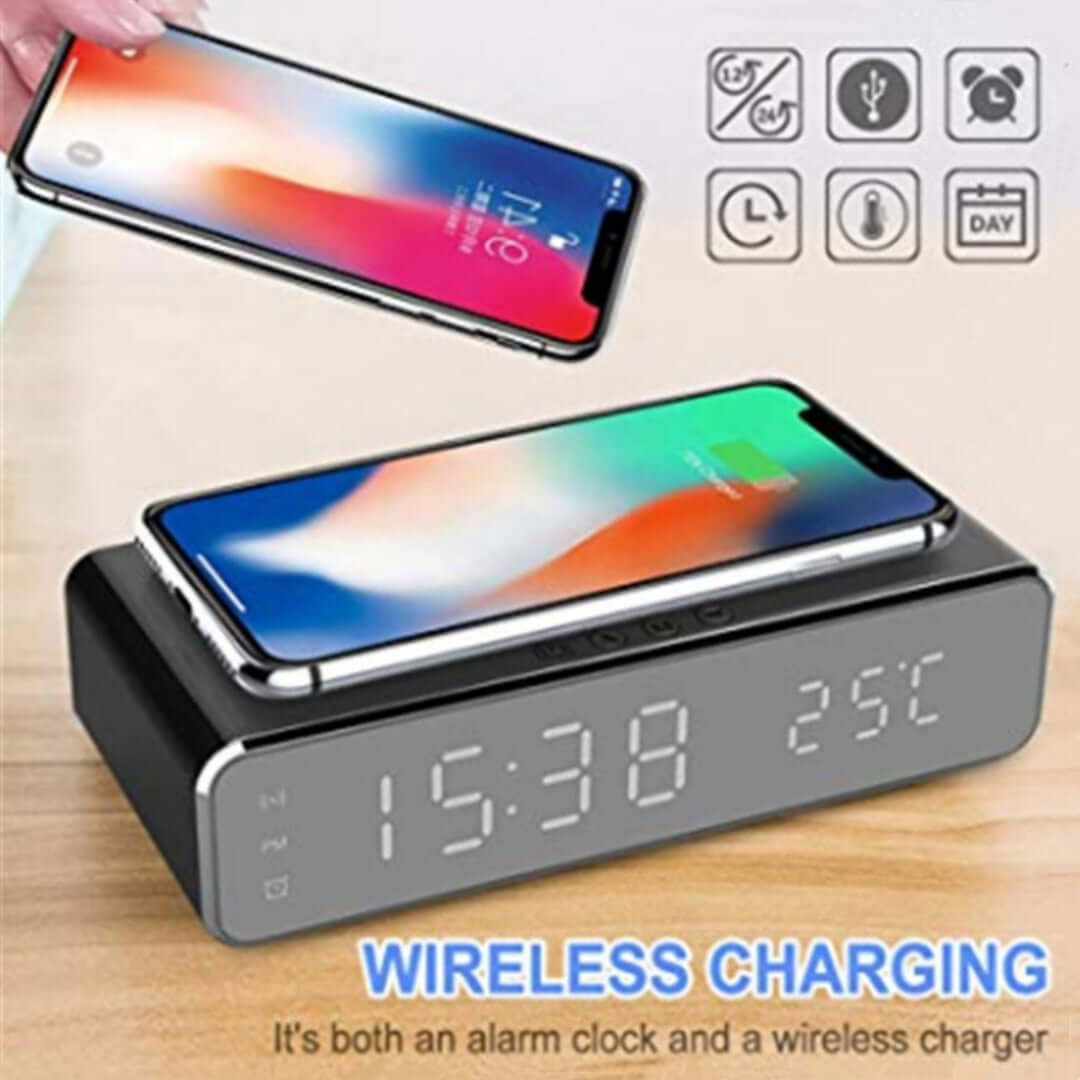 Wireless charging alarm clock displaying time and temperature with smartphone on top, featuring modern design and functions.
