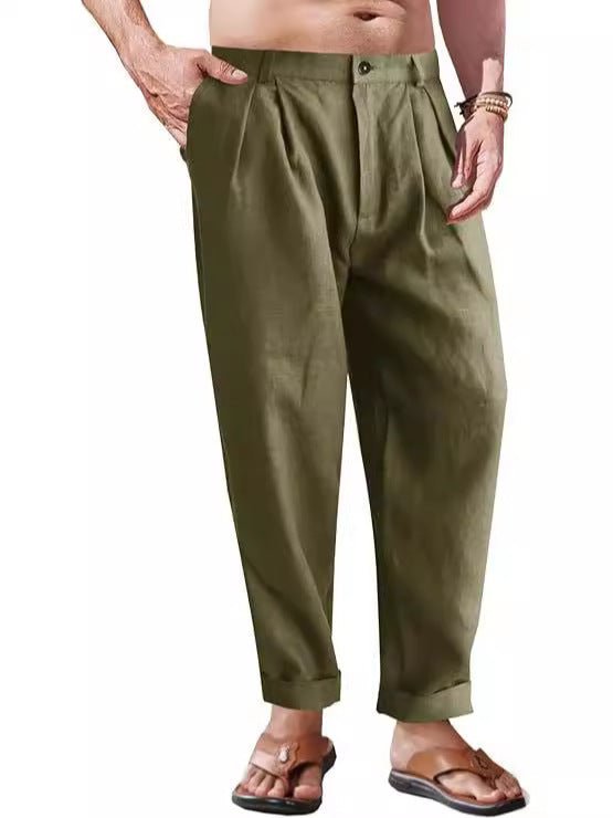 Men's Linen Trousers Double Pleated Front Pocket Straight Pure Color Comfort Breathable Casual - DBMP Shop