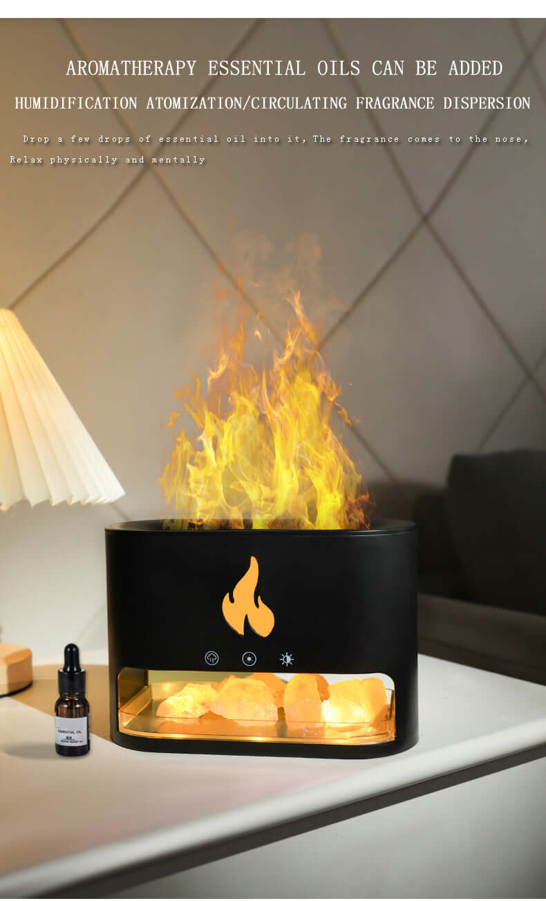 2-in-1 Himalayan salt lamp and diffuser with flames and essential oils, enhancing aromatherapy and ambiance.