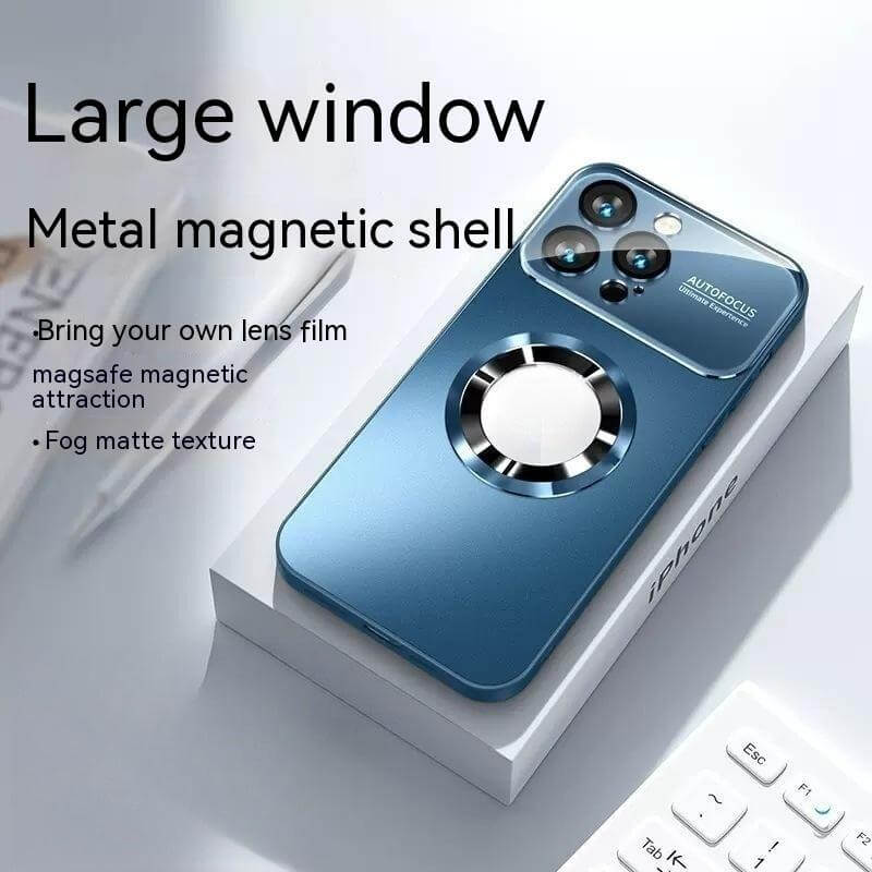 Large window protective case with metal magnetic shell, featuring fog matte texture and lens film compatibility in blue.