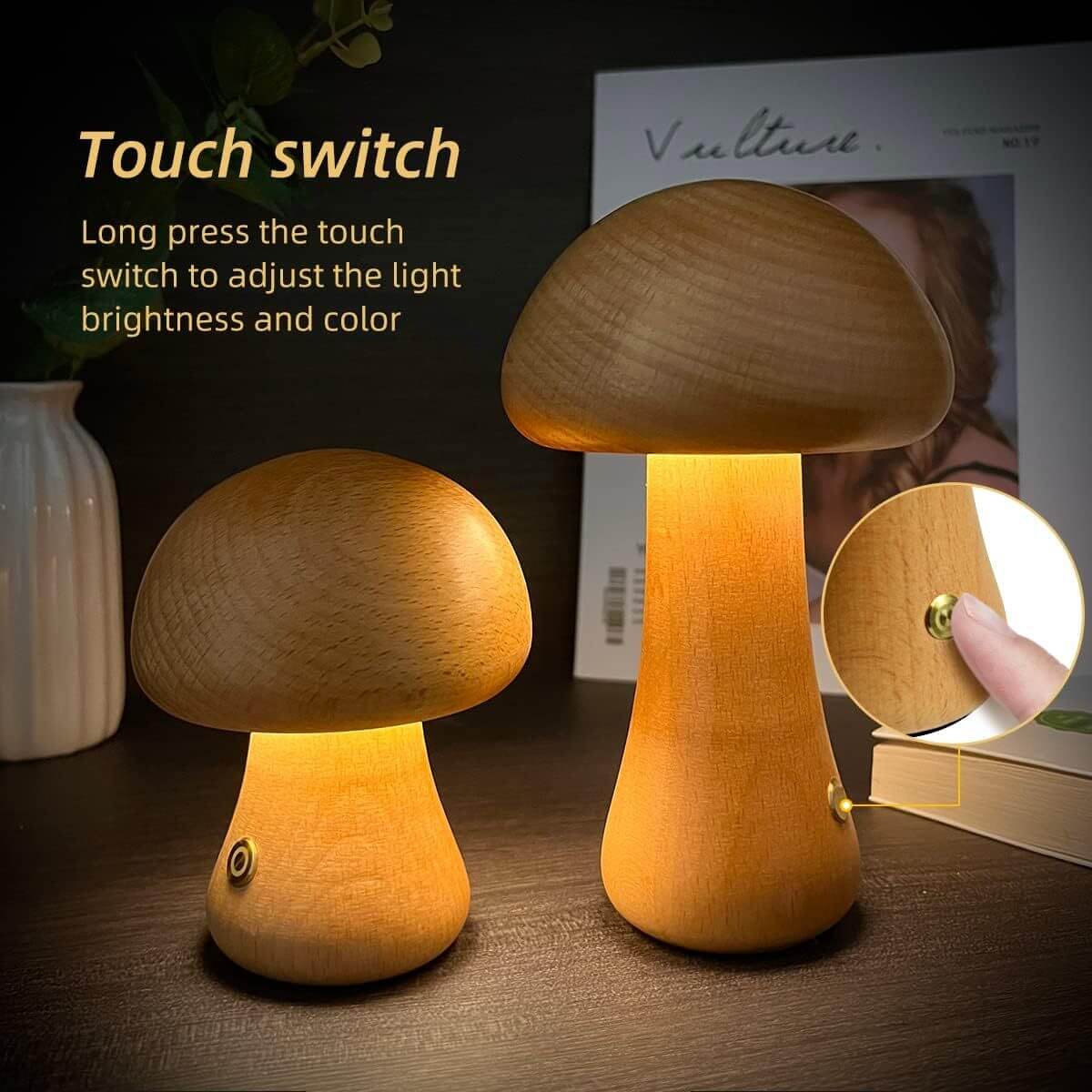 Wooden cute mushroom LED night light with touch switch, adjustable brightness, perfect for children's room decor.