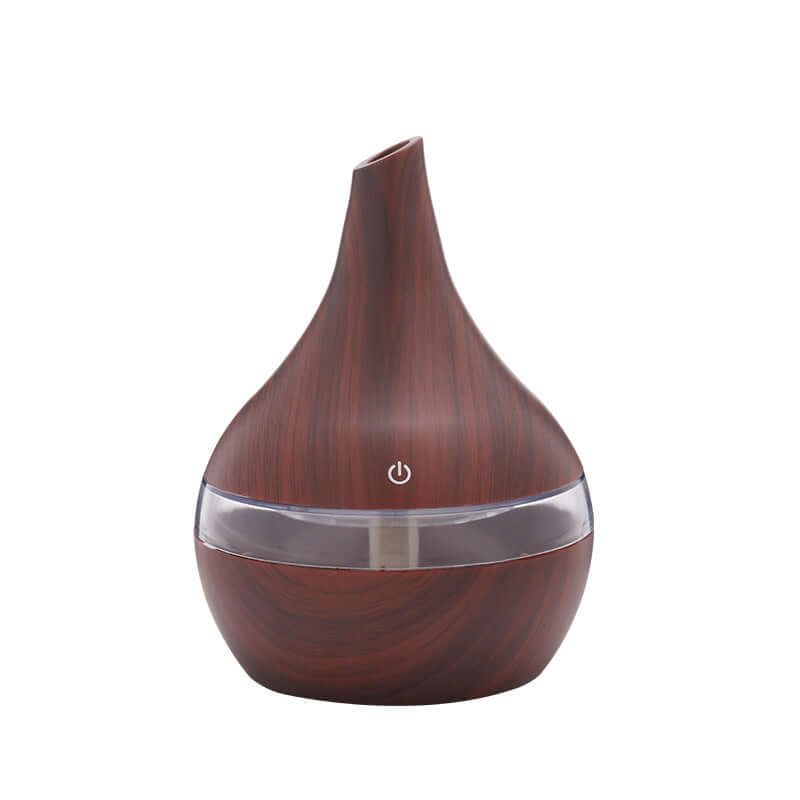 Wood grain tip humidifier air purifier, round shape, USB powered, quiet operation below 36dB, perfect for small rooms.