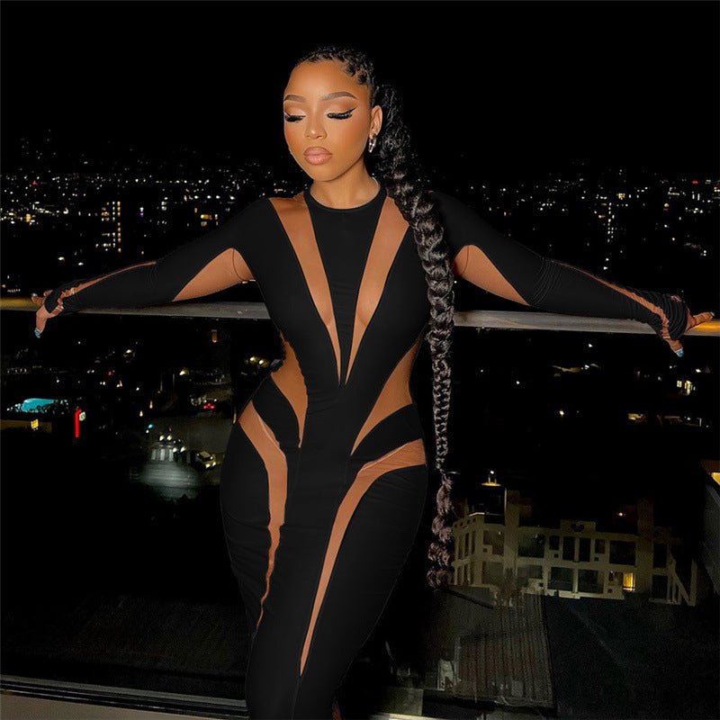 Mesh Stitching Solid Color Elegant Slim Slimming Dress - DBMP Shop