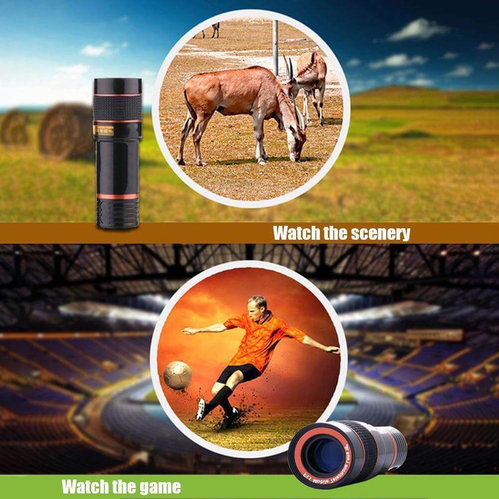 HD 8X Clip On Optical Zoom Telescope Lens for mobile, capturing scenery and sports events clearly.