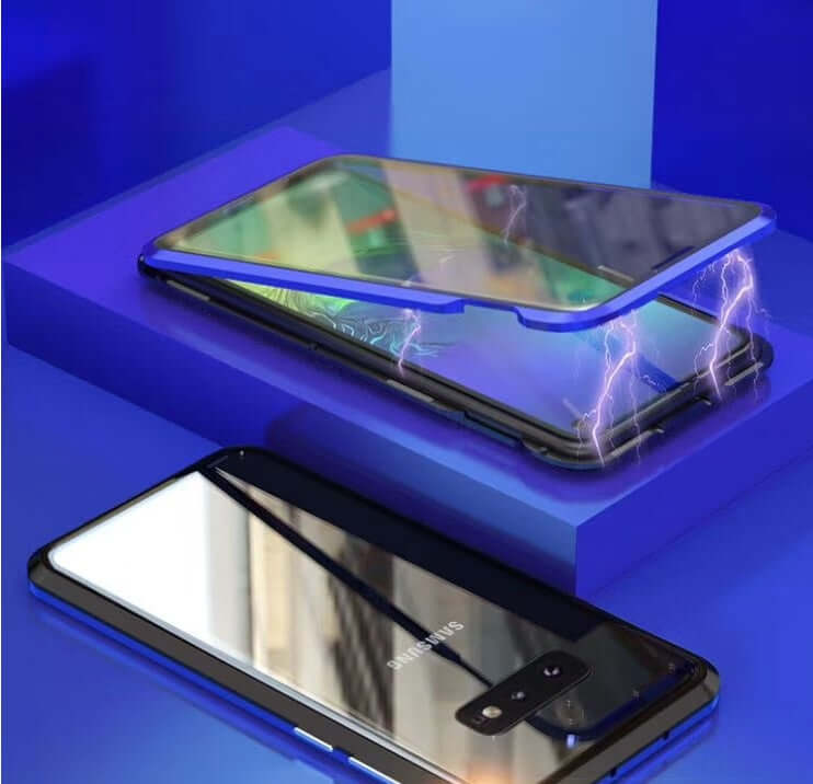 Samsung S10plus case in blue featuring double-sided glass and metal design on a modern surface with vibrant colors.