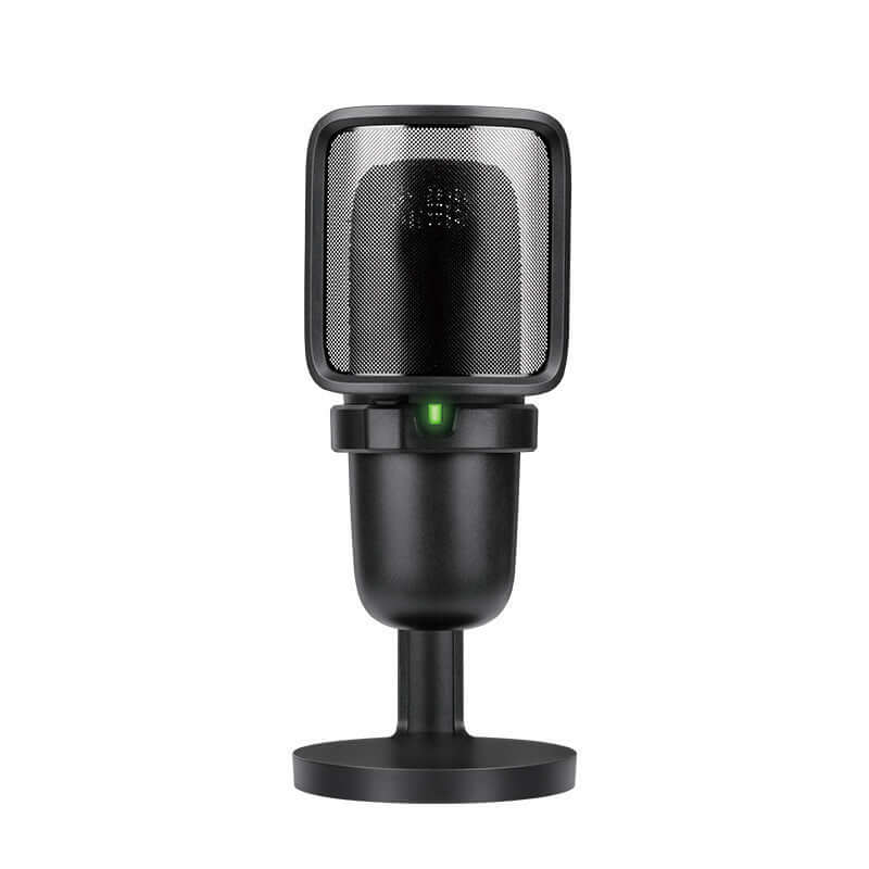 Black USB microphone on a stand, designed for gaming and live broadcasting, featuring a touch power switch.
