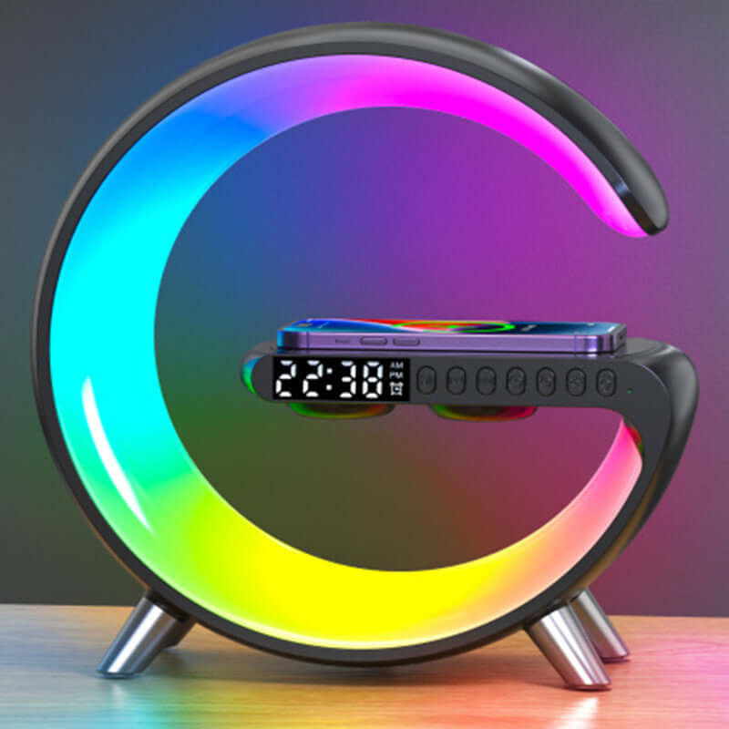 New G-shaped LED lamp with wireless charging, Bluetooth speaker, and customizable colors for home decor.