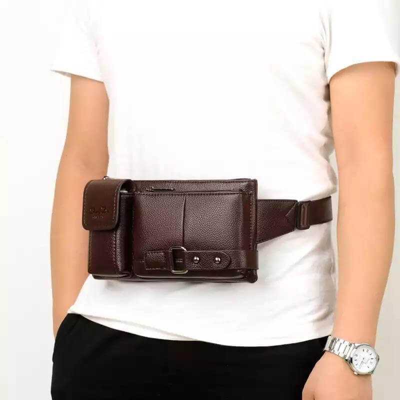 Men's brown waist bag with cell phone pockets, stylish and functional for easy access and storage.