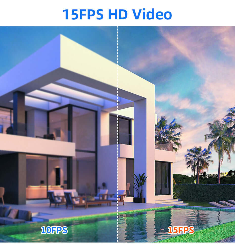 Comparison of 10FPS vs 15FPS HD video quality featuring a modern house and swimming pool.
