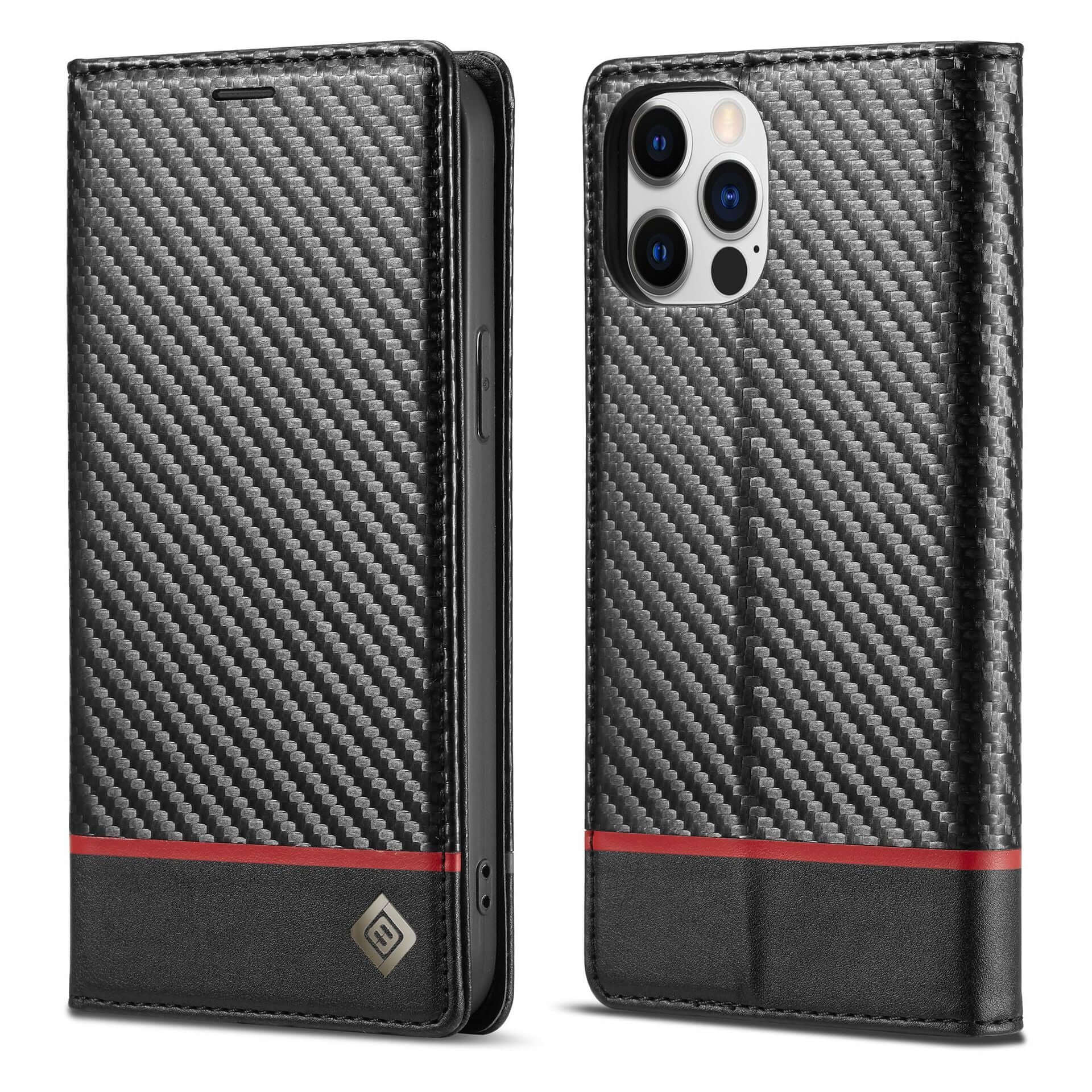 Leather case in carbon fiber design with red accent, featuring a flip style for Apple phones, handmade and protective.