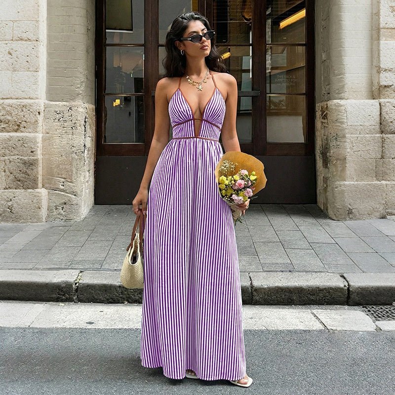 Women's Striped Strappy Dresses Fashion Summer V-Neck Maxi Dress Party Beach Evening Dress Women's Clothing - DBMP Shop