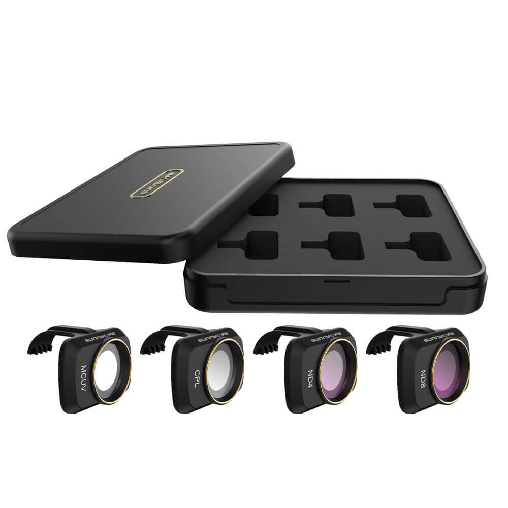 Série de filtres Sunnylife pour Mavic Mini avec étui, incluant CPL, ND8 et ND16.