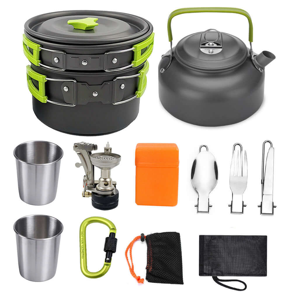 Portable camping cookware set including a cooking pot, kettle, cups, burner, and utensils, ideal for outdoor cooking.