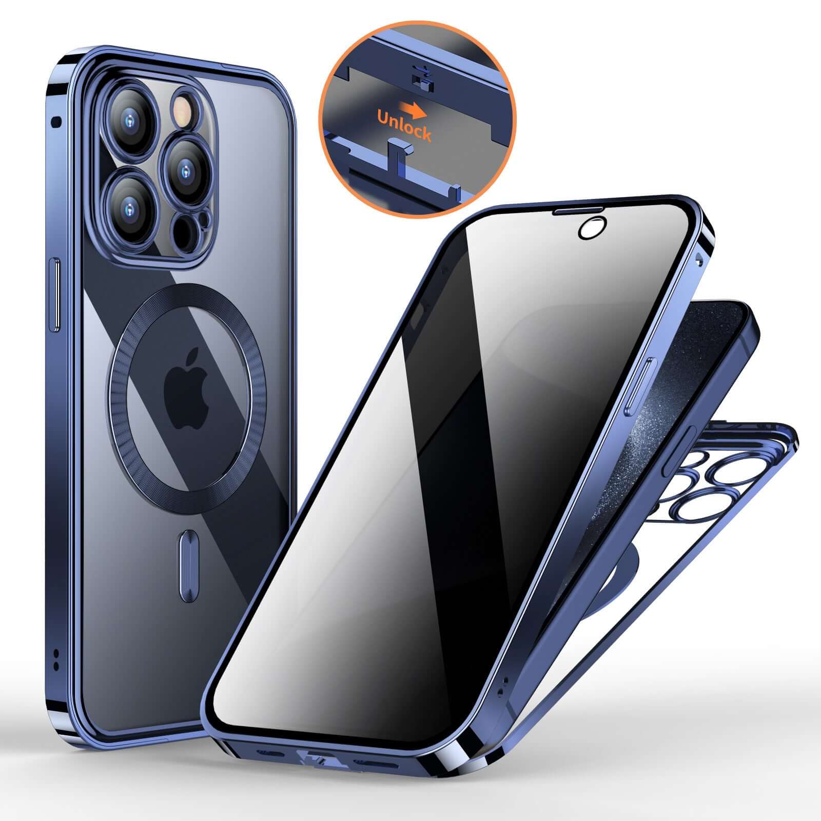 Anti-Privacy Metal Buckle Magnetic Support Phone Case in blue, featuring a double-sided lens for full protection.