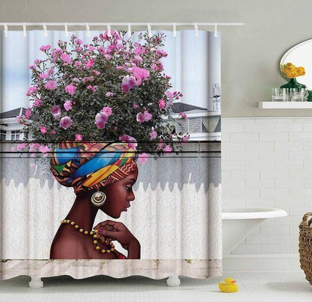 Art Design Graffiti Art Hip Hop African Girl with Black Hair Big Earring with Modern Building Shower Curtain for Bathroom Decor - DBMP (Electronics And More Store)