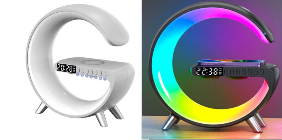 New Intelligent G Shaped LED lamp with clock, wireless charger, and Bluetooth speaker in modern design.