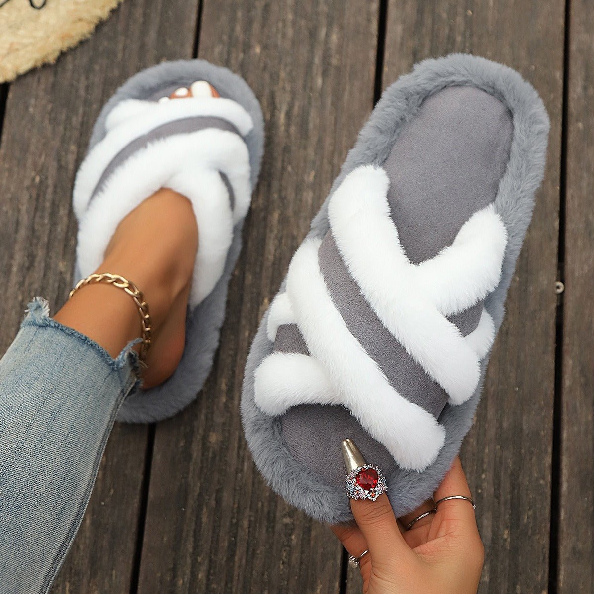 Fluffy Slippers Cross Strap Stitching Warm Casual Platform Slippers - DBMP Shop