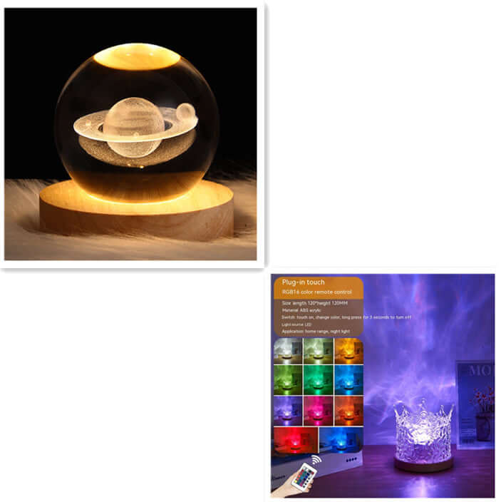 LED lamp showcasing a 3D Saturn design with warm glow, accompanied by color-changing light options for ambiance.