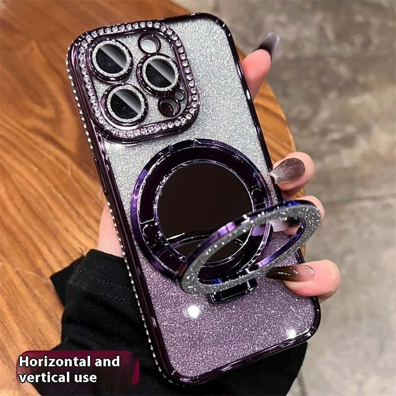 Glittery makeup mirror phone case with kickstand, compatible with various iPhone models, showcased in gradient purple.