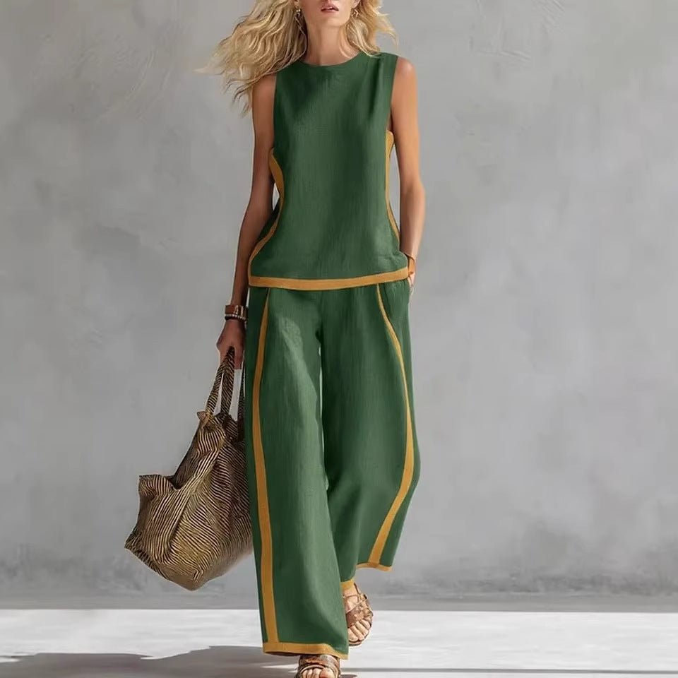 Round - neck Sleeveless Casual Loose Top And High - waist Loose Wide - leg Pants Set - DBMP (Electronics And More Store)