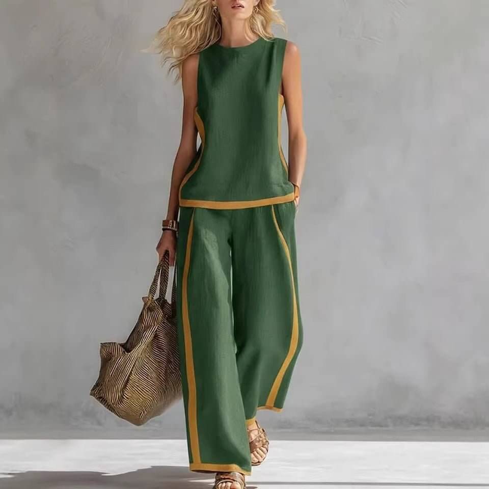 Round - neck Sleeveless Casual Loose Top And High - waist Loose Wide - leg Pants Set - DBMP (Electronics And More Store)