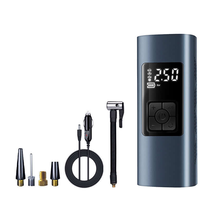 Wireless portable electric car air pump with digital display and multiple nozzles for convenience.