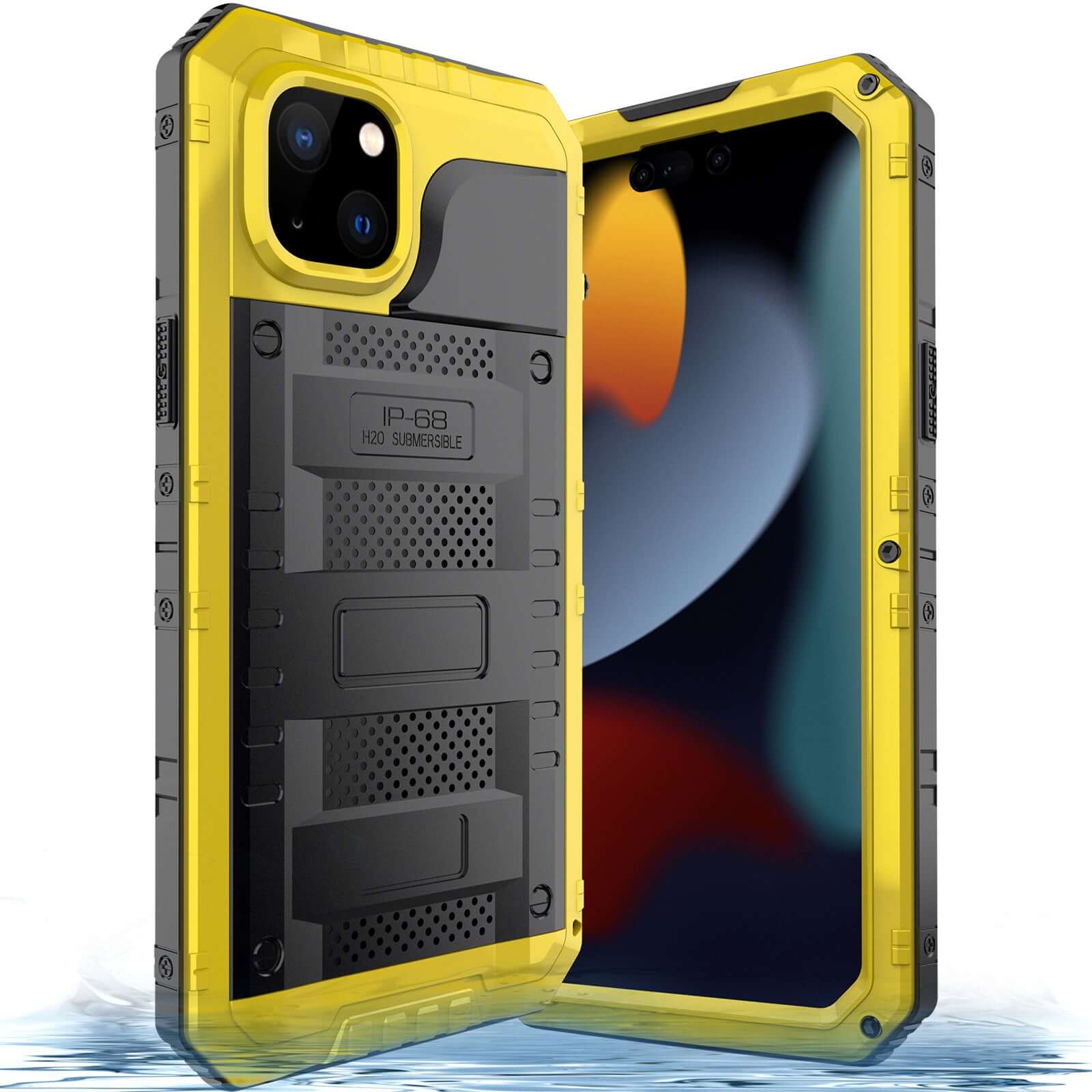 Yellow and black shockproof mobile phone protective cover, compatible with iPhone, showcasing rugged design for outdoor sports.
