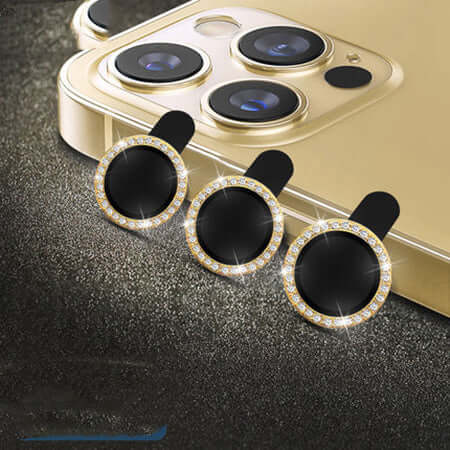 Integrated Steel Ring mobile phone lens covers in black with rhinestone trim, enhancing elegance and phone protection.
