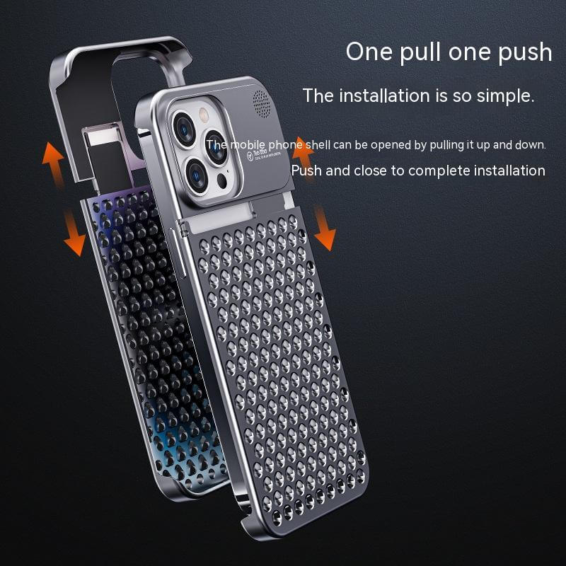 Aluminum alloy phone case with easy installation feature demonstrating pull and push mechanism for quick setup.