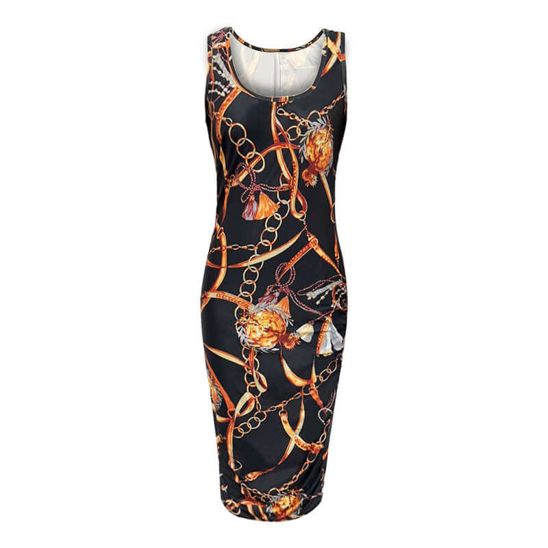 Women's sleeveless plus size dress in black print with chains and patterns, perfect for casual outings and special occasions.