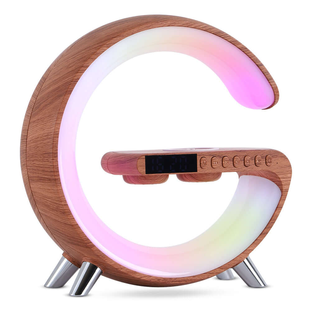 G-shaped intelligent LED lamp with Bluetooth speaker, wireless charger, and customizable atmosphere light.