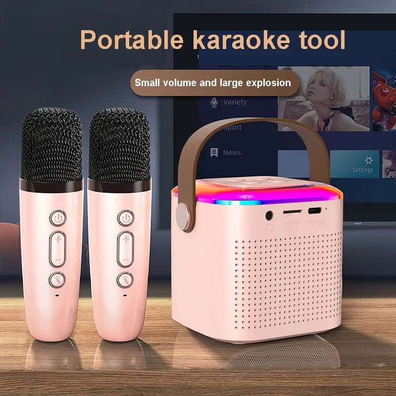 Portable karaoke machine with two wireless microphones and RGB light for home singing fun.