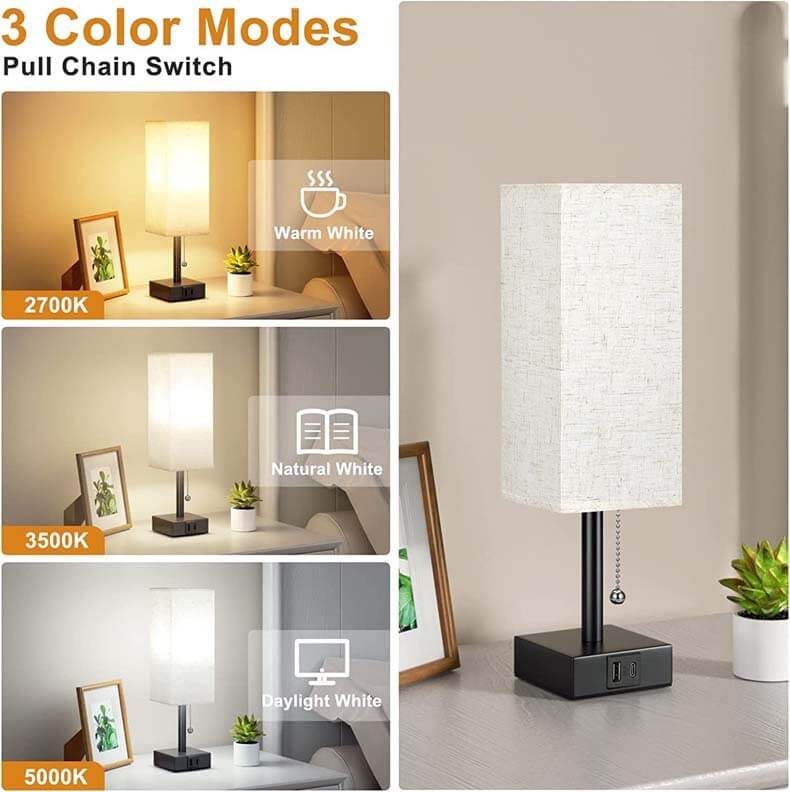 Bedside table lamp with pull chain switch showing 3 color modes: warm white, natural white, daylight, suitable for any bedroom.