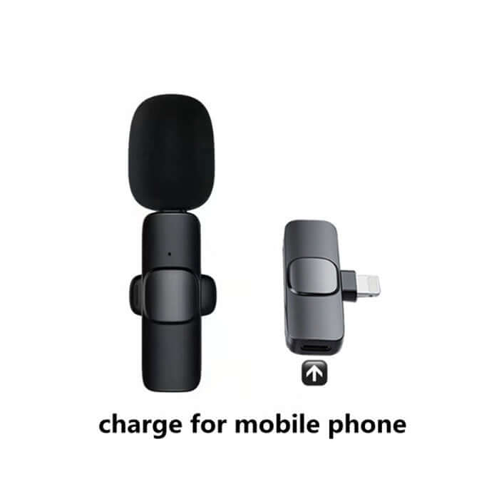 Wireless lavalier microphone with charging feature for mobile devices, designed for easy audio recording.
