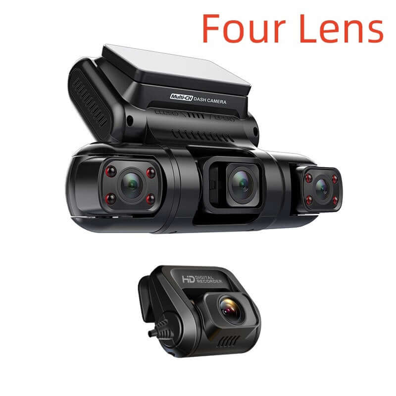 Four lens HD driving recorder with night vision and wide angle, compact design for enhanced vehicle surveillance.