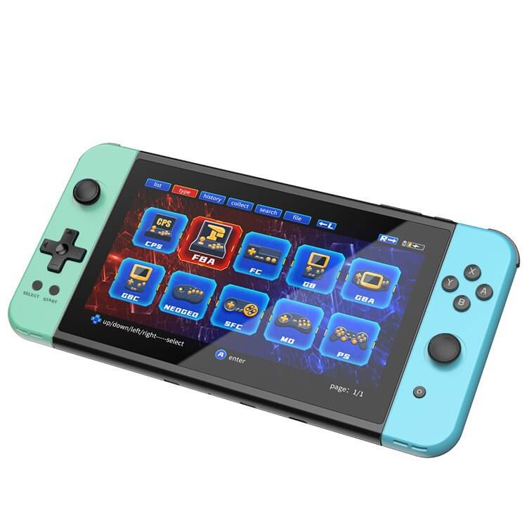 HD handheld game console X70 in black and aqua, featuring dual player functionality and vibrant game menu display.
