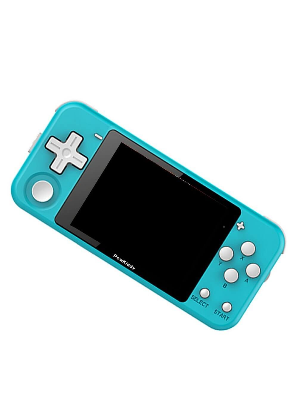 Retro handheld joystick game console in turquoise with a blank IPS screen and action buttons for RPG and adventure games.