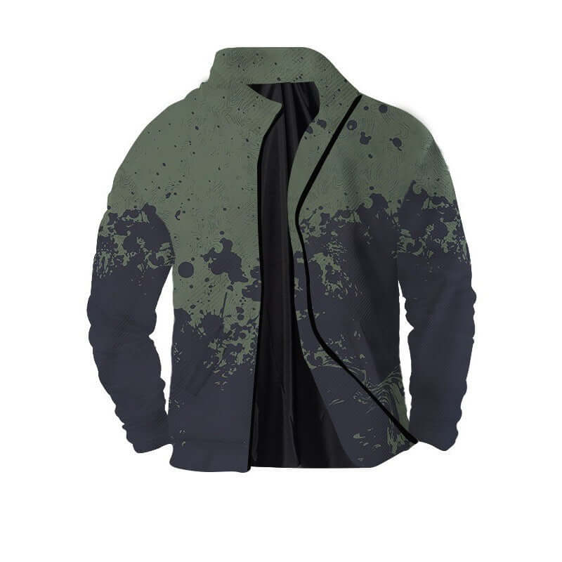Men's twill digital printing 3D zipper jacket in solid color with splatter design, suitable for teenagers, multiple sizes available.