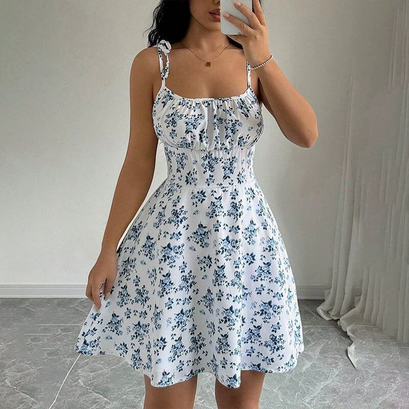 Floral Print Dress Summer Sweet A - Line Waist Trimming Dresses Women's Slimming Casual Clothing - DBMP (Electronics And More Store)