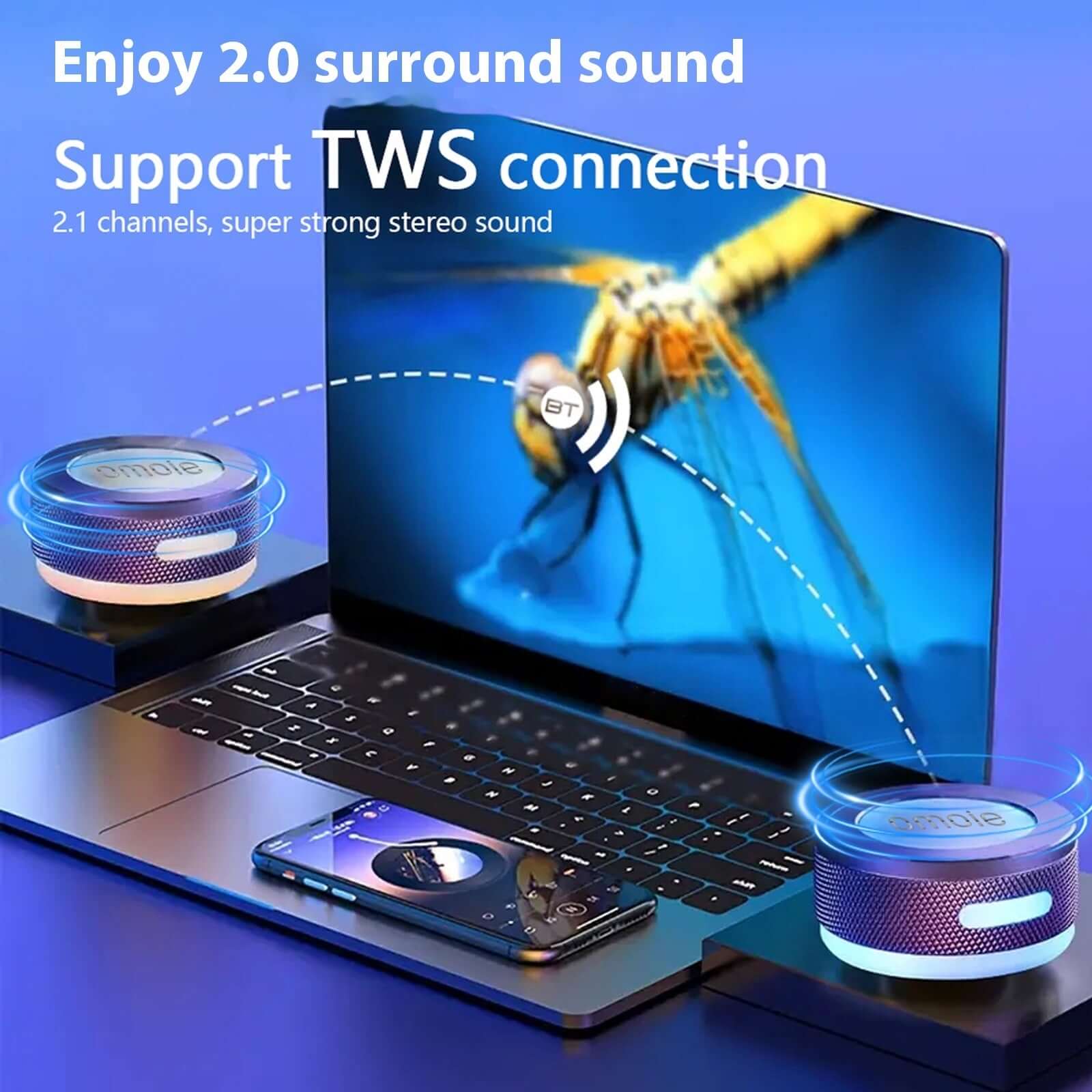 Small Wireless Bone Conduction Speakers Bluetooth Vibration with TWS connection and surround sound setup for a laptop.