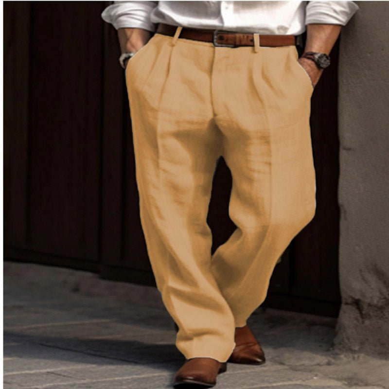 Men's Linen Trousers Double Pleated Front Pocket Straight Pure Color Comfort Breathable Casual - DBMP Shop